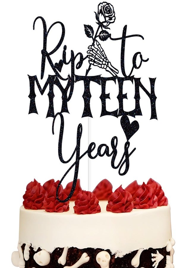 ZACHAKO Black Glitter Rip to My Teen Years Cake Topper, Skeleton Skull Hand Rose Birthday Décor, Gothic Old English Themed 20th Birthday Party Decorations - Image 1